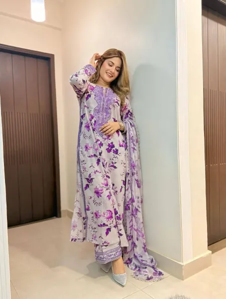 Pakistani Original Aneelas Pure Lawn Stitched 3Pcs _ Lavender 